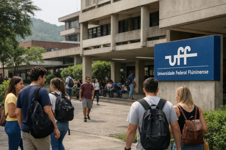 Estudantes em ambiente universitário da UFF em Niterói, em imagem de capa sobre o curso de Ciências Contábeis