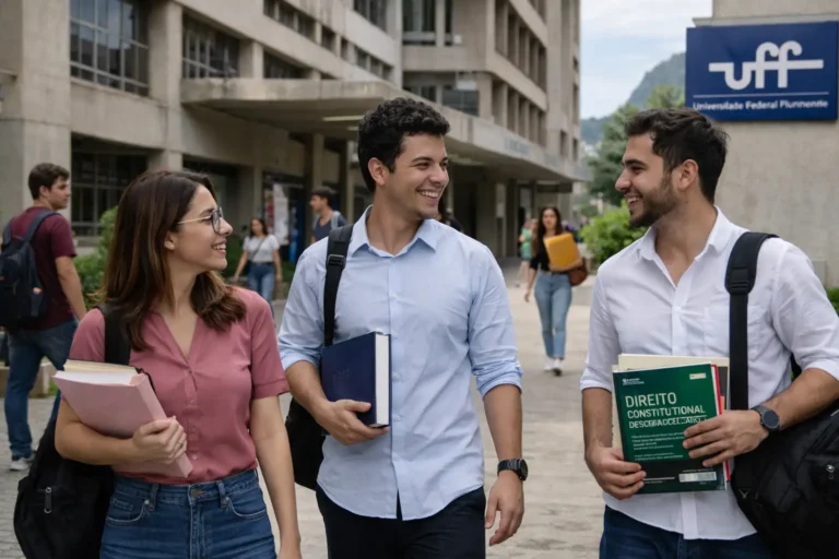 Estudantes em ambiente universitário público da UFF em Niterói, em contexto de curso de Direito.
