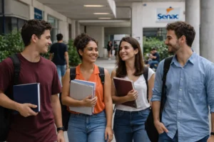 Estudantes em ambiente acadêmico da Faculdade Senac RJ no Rio de Janeiro.
