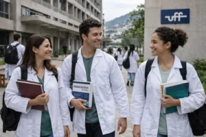 Estudantes de Farmácia em ambiente universitário público da UFF em Niterói.