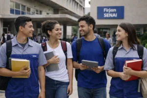 Alunos em ambiente de formação profissional na unidade Firjan SENAI Benfica.