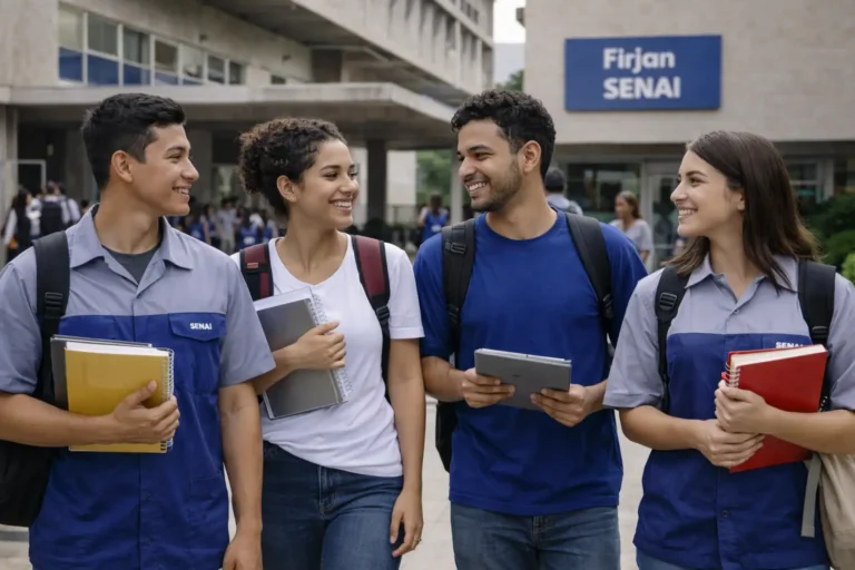 Alunos em ambiente de formação profissional na unidade Firjan SENAI Benfica.