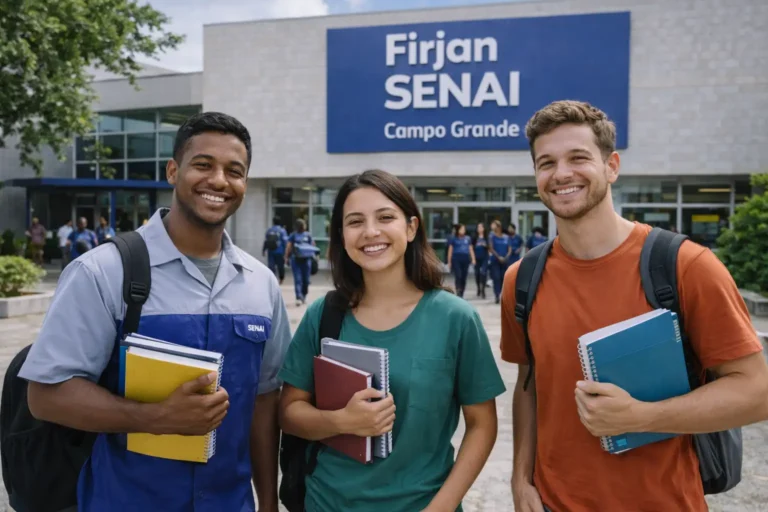 Alunos em ambiente de formação profissional na unidade Firjan SENAI Campo Grande.