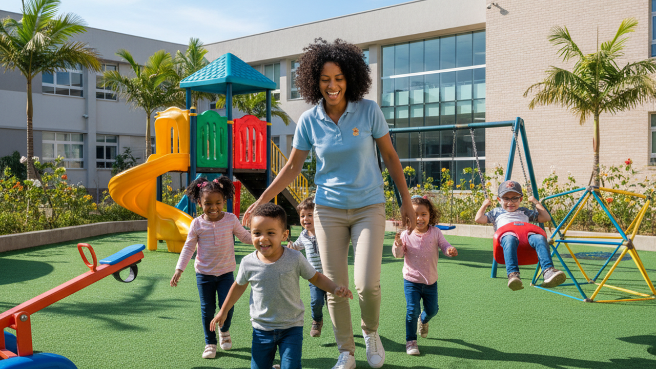 Auxiliar de educação brincando com crianças em escola pública de Joinville com concurso aberto