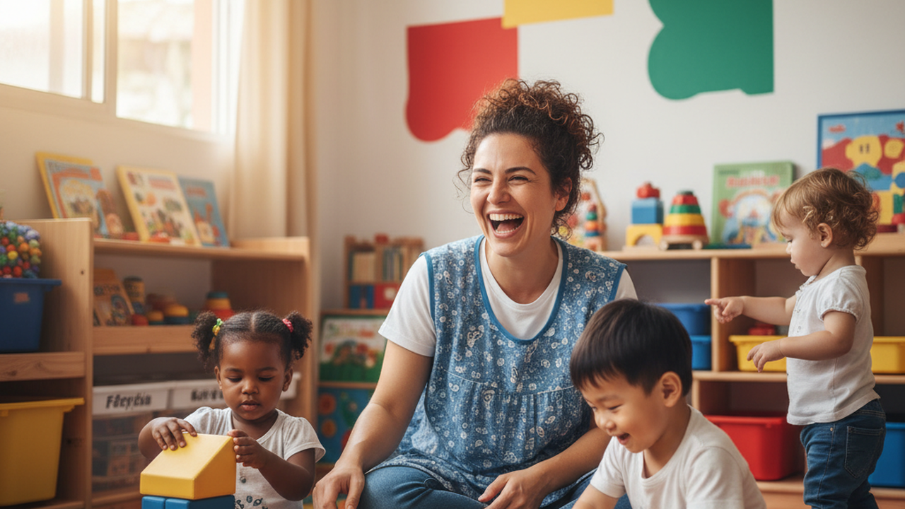 Auxiliar de sala sorrindo com crianças na educação infantil com vagas em Maceió