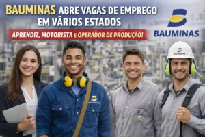 Profissionais sorrindo em arte da BAUMINAS sobre vagas de emprego para aprendiz, motorista e operador de produção em diferentes estados.