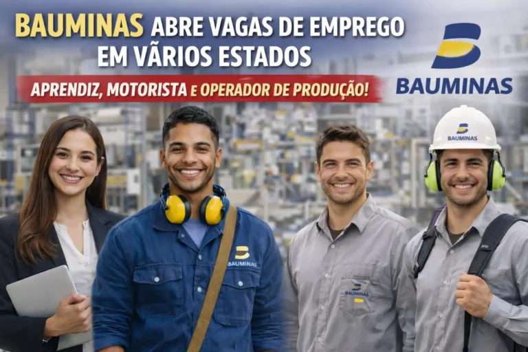 Profissionais sorrindo em arte da BAUMINAS sobre vagas de emprego para aprendiz, motorista e operador de produção em diferentes estados.
