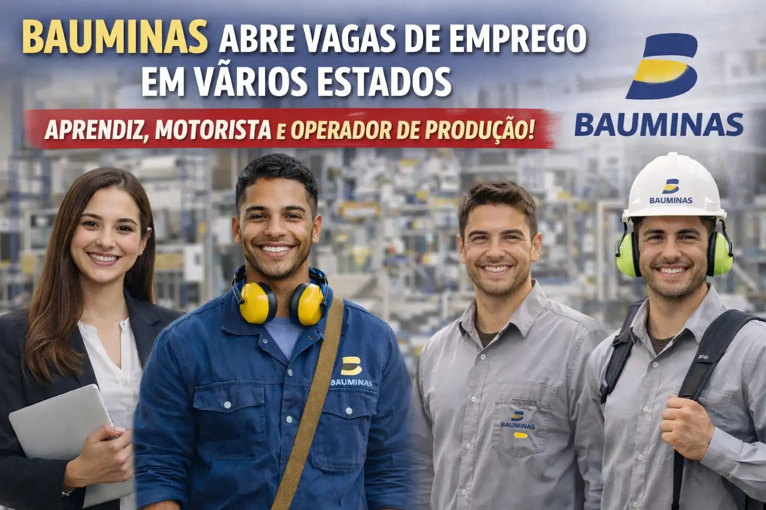 Profissionais sorrindo em arte da BAUMINAS sobre vagas de emprego para aprendiz, motorista e operador de produção em diferentes estados.