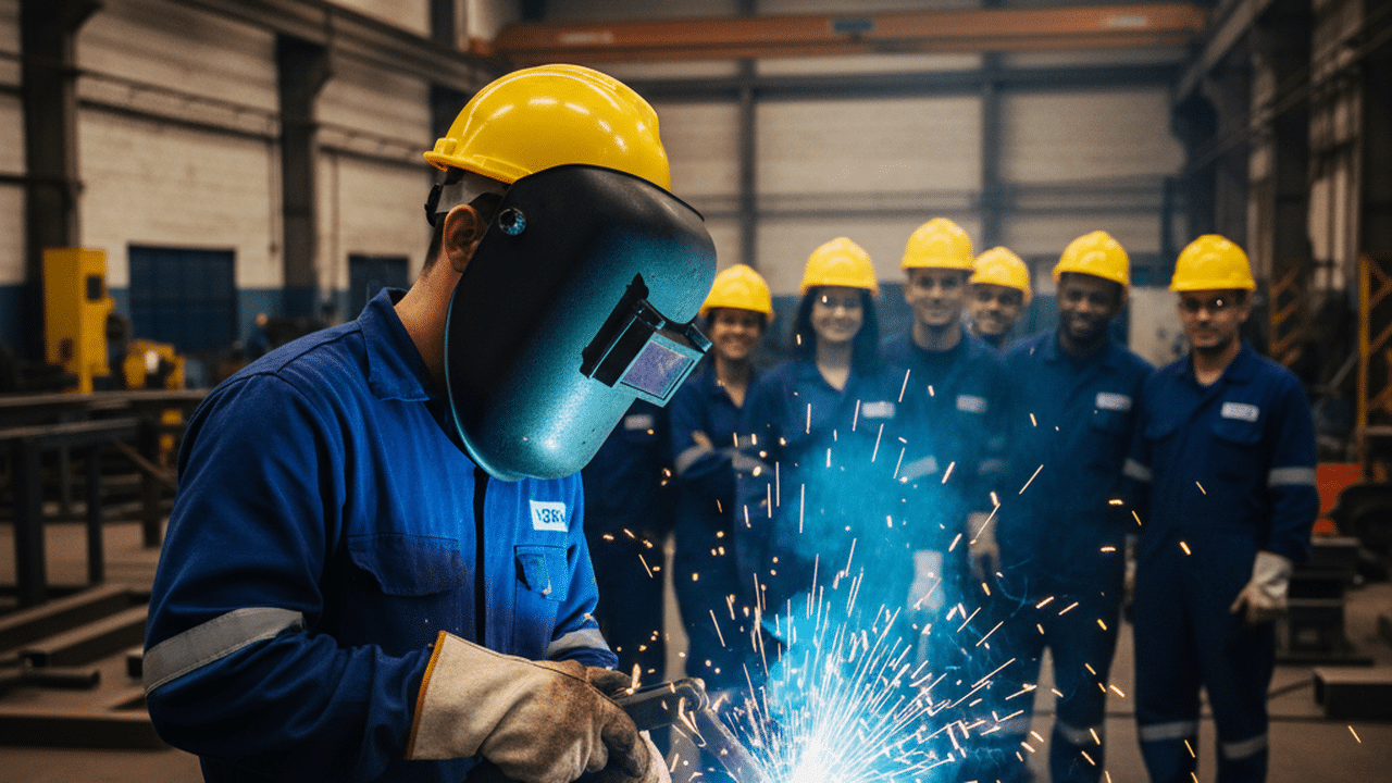 Trabalhador soldando estrutura metálica em curso gratuito de caldeireiro no SENAI Petrobras