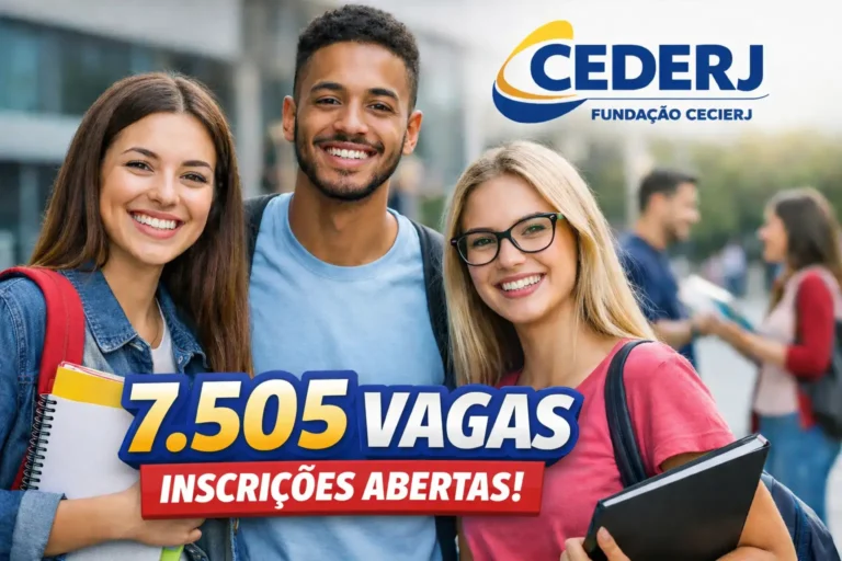 Três estudantes sorrindo em um campus com destaque para 7.505 vagas abertas no Vestibular CEDERJ 2026.2 e logo da Fundação CECIERJ.