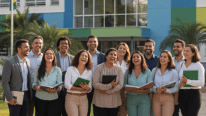 Profissionais da educação sorrindo em frente a escola pública de Joinville com concurso aberto para 707 vagas