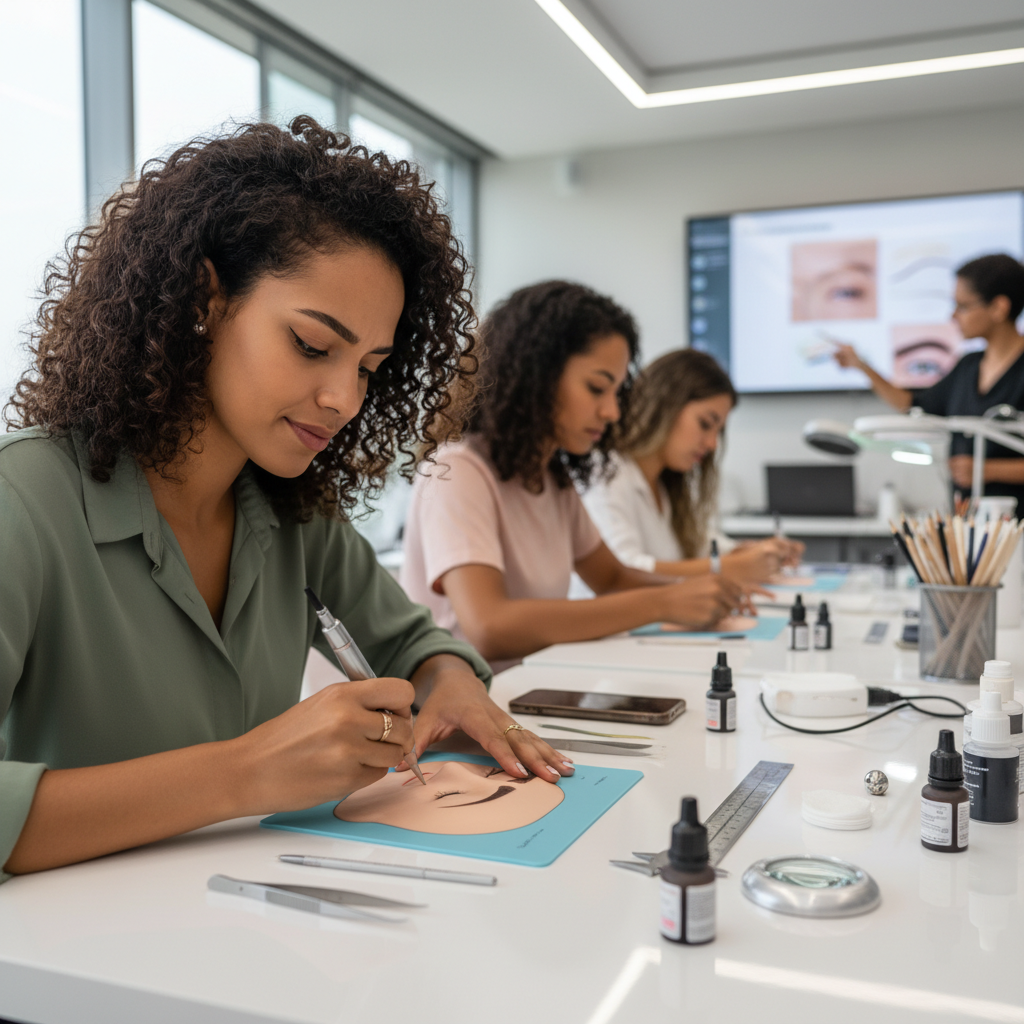 Estudante aprendendo técnicas de design de sobrancelha em curso gratuito do IFSULDEMINAS