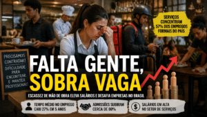 Funcionários de serviços trabalham em ambiente movimentado enquanto destaque visual mostra a escassez de mão de obra e a pressão sobre salários no Brasil.