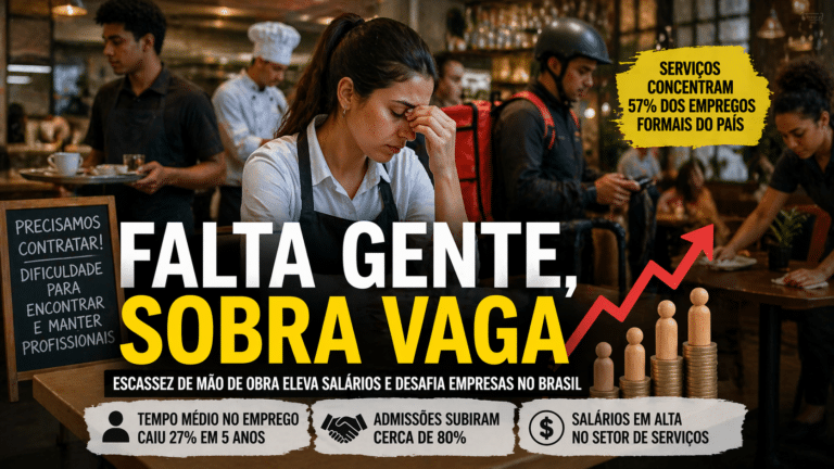 Funcionários de serviços trabalham em ambiente movimentado enquanto destaque visual mostra a escassez de mão de obra e a pressão sobre salários no Brasil.