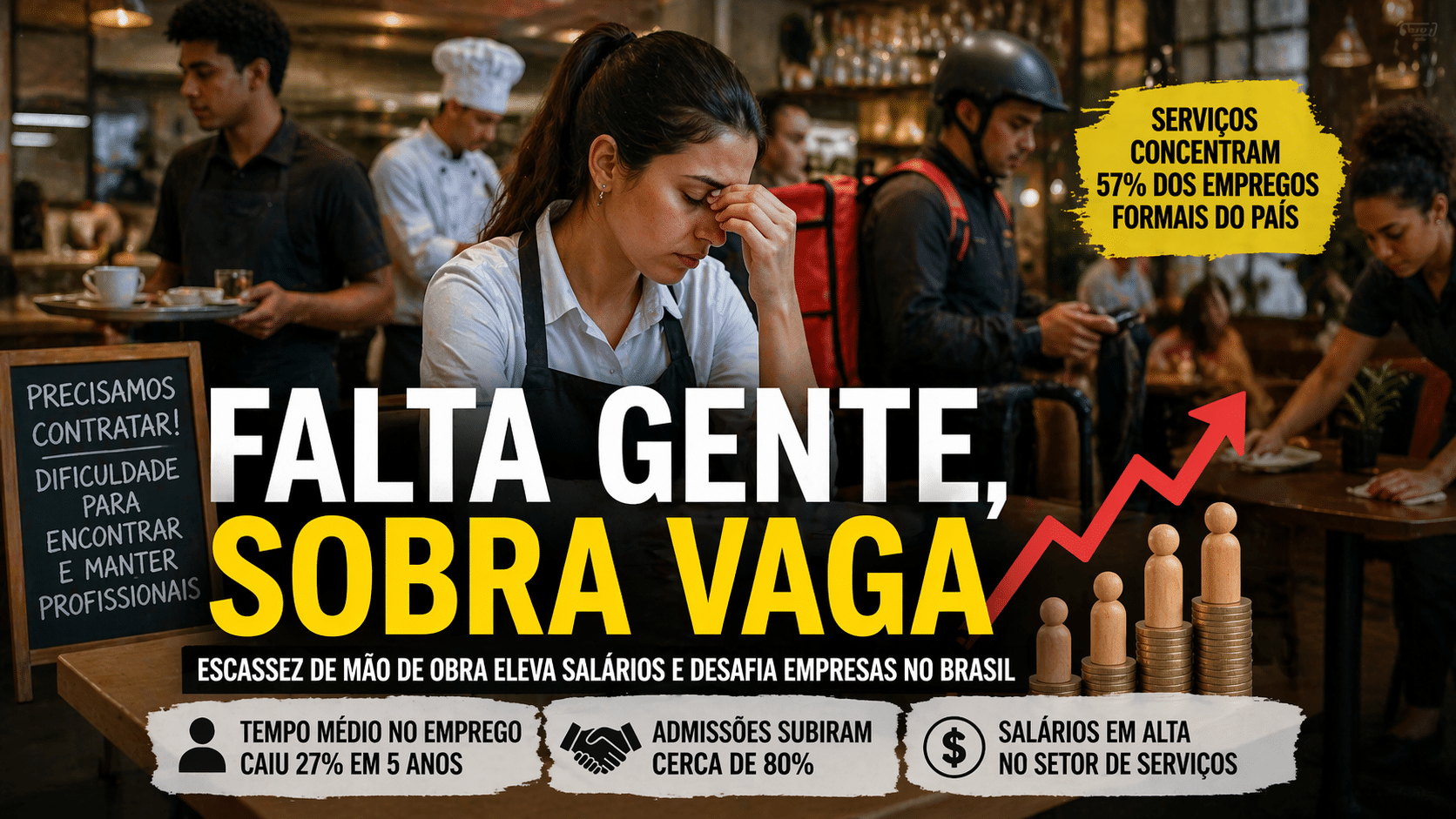 Funcionários de serviços trabalham em ambiente movimentado enquanto destaque visual mostra a escassez de mão de obra e a pressão sobre salários no Brasil.