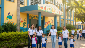 Fachada de escola pública municipal em Maceió com profissionais e crianças chegando para as vagas na educação