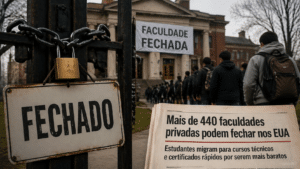 Portão com placa de fechado em frente a faculdade nos Estados Unidos, enquanto estudantes deixam o campus em meio à crise das faculdades privadas.