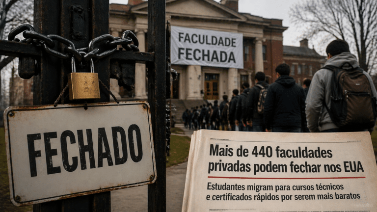 Portão com placa de fechado em frente a faculdade nos Estados Unidos, enquanto estudantes deixam o campus em meio à crise das faculdades privadas.
