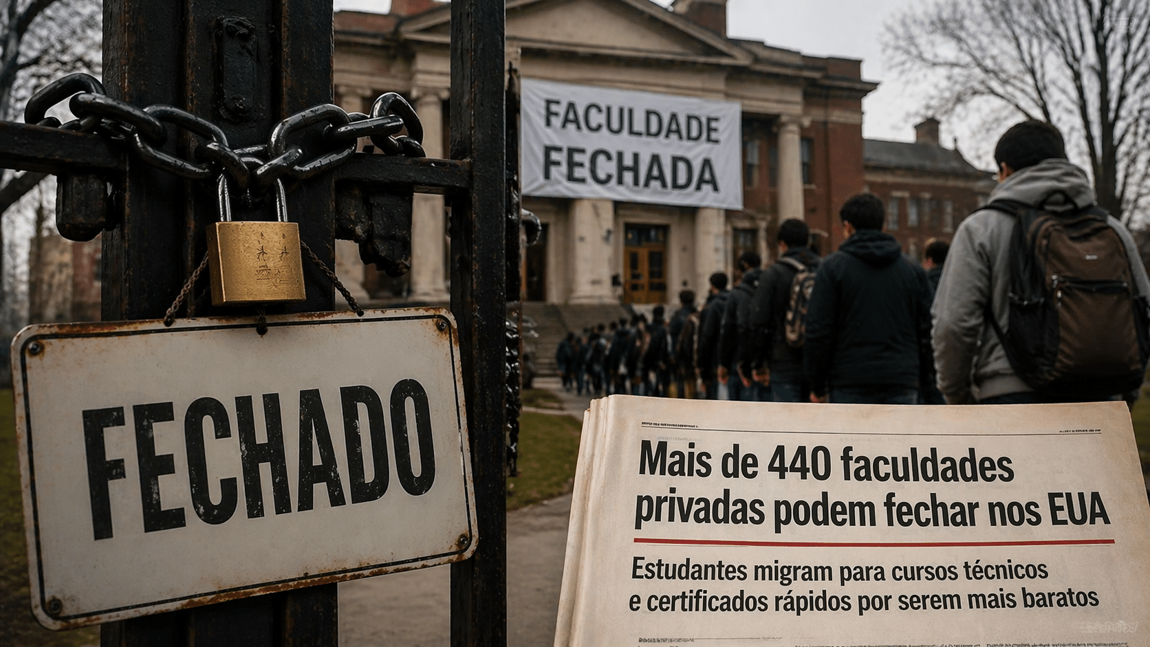 Portão com placa de fechado em frente a faculdade nos Estados Unidos, enquanto estudantes deixam o campus em meio à crise das faculdades privadas.