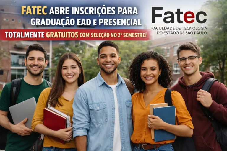 Estudantes sorrindo em campus com banner da Fatec sobre inscrição para cursos de graduação EAD e presencial gratuitos no segundo semestre.