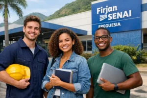 Estudantes em frente à Firjan SENAI Freguesia em ambiente de formação profissional no Rio de Janeiro