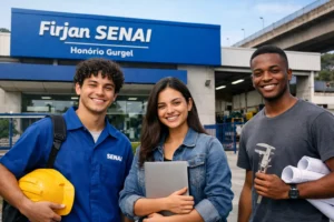 Estudantes em frente a um ambiente de formação profissional inspirado na Firjan SENAI em Honório Gurgel, na Zona Norte do Rio de Janeiro.