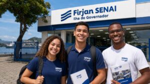 Estudantes em ambiente de formação profissional ligado à Firjan SENAI na região da Ilha do Governador, com cenário inspirado no Parque Tecnológico da UFRJ.