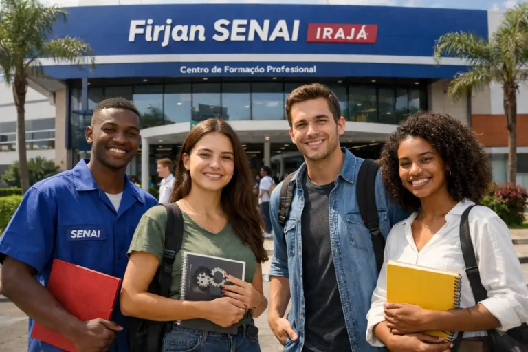 Estudantes em cenário urbano de Irajá associados à formação profissional na rede SENAI.