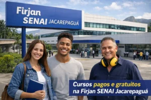 Alunos e profissional sorrindo em frente à unidade Firjan SENAI Jacarepaguá, no Rio de Janeiro, com destaque para cursos pagos e gratuitos.