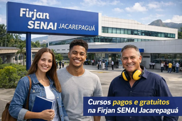 Alunos e profissional sorrindo em frente à unidade Firjan SENAI Jacarepaguá, no Rio de Janeiro, com destaque para cursos pagos e gratuitos.