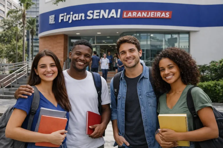 Estudantes em frente à unidade Firjan SENAI Laranjeiras, no Rio de Janeiro, em ambiente de formação profissional.