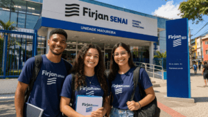 Fachada da Firjan SENAI Madureira com estudantes em frente à unidade no Rio de Janeiro.