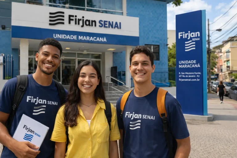 Fachada da Firjan SENAI Maracanã com estudantes em frente à unidade no Rio de Janeiro.