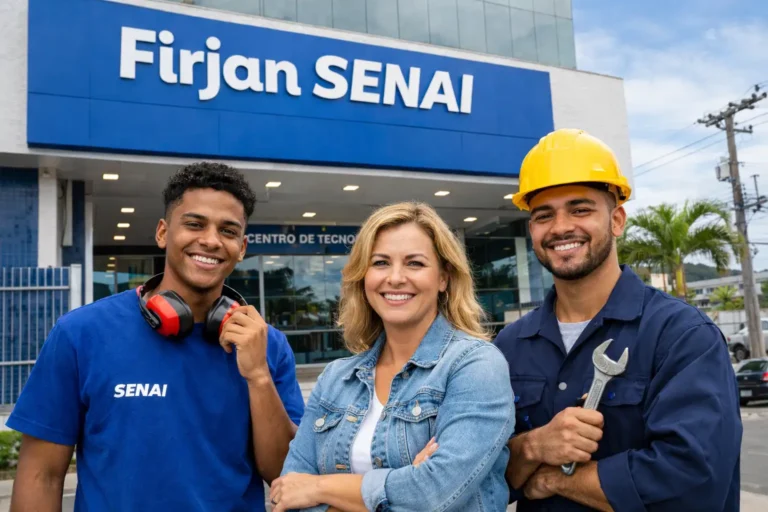Pessoas sorrindo em frente à unidade Firjan SENAI durante atendimento e atividades ligadas a cursos profissionalizantes.