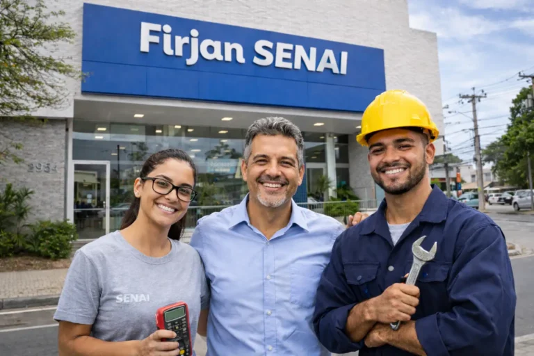 Grupo de pessoas sorrindo em frente à fachada da Firjan SENAI, em imagem sobre cursos, endereço e funcionamento da unidade.