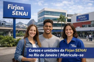 Alunos sorrindo em frente a uma unidade da Firjan SENAI no Rio de Janeiro, com destaque para cursos, unidades e matrícula.
