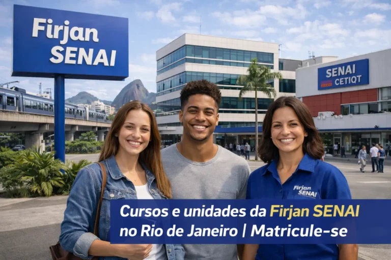 Alunos sorrindo em frente a uma unidade da Firjan SENAI no Rio de Janeiro, com destaque para cursos, unidades e matrícula.
