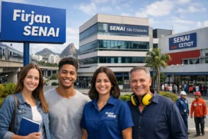 Fachada da Firjan SENAI em São Cristóvão com alunos e profissionais sorrindo em frente à unidade no Rio de Janeiro.