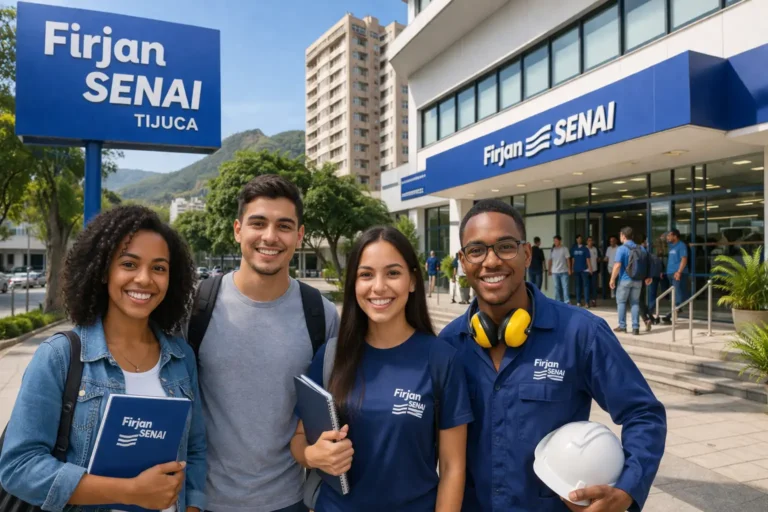 Pessoas sorrindo em frente à unidade Firjan SENAI Tijuca, no Rio de Janeiro, com a fachada da instituição ao fundo.