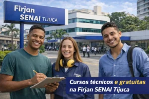 Alunos sorrindo em frente à Firjan SENAI Tijuca, no Rio de Janeiro, em imagem sobre cursos técnicos, matrícula e vagas gratuitas.
