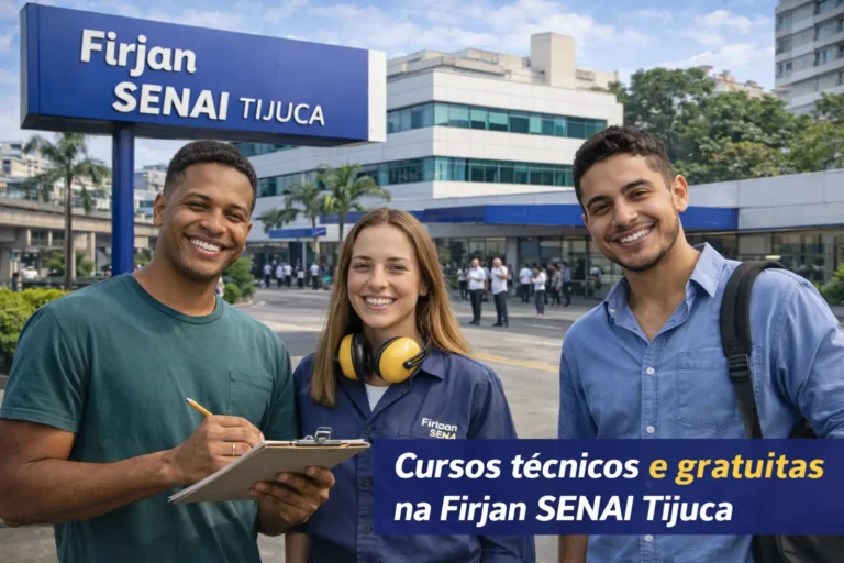 Alunos sorrindo em frente à Firjan SENAI Tijuca, no Rio de Janeiro, em imagem sobre cursos técnicos, matrícula e vagas gratuitas.