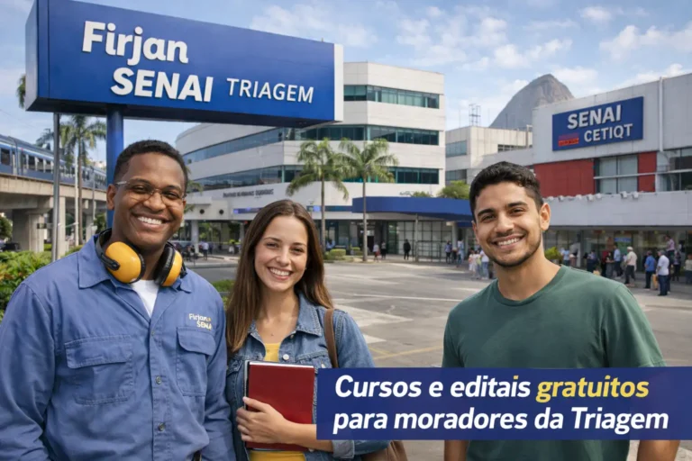 Alunos sorrindo em frente à unidade Firjan SENAI próxima à região de Triagem, no Rio de Janeiro.