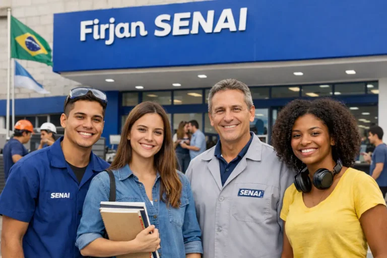 Fachada da Firjan SENAI Santa Cruz com alunos e profissionais sorrindo em frente à unidade em imagem realista sobre cursos, endereço e funcionamento.