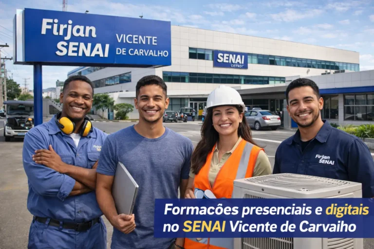 Alunos e profissionais sorrindo em frente à unidade Firjan SENAI Vicente de Carvalho, com destaque para formação nas áreas automotiva, tecnologia, construção civil e climatização.