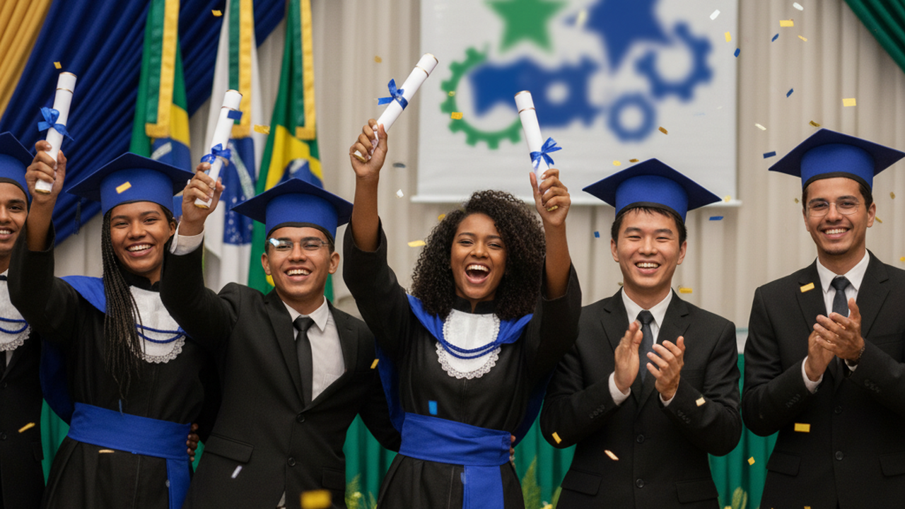 Jovens recebendo certificados de conclusão de cursos gratuitos do SENAI no Rio de Janeiro
