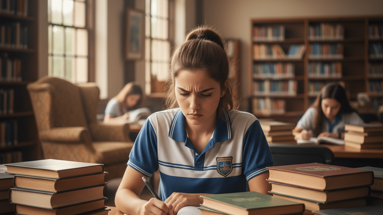 Jovem estudante brasileira se preparando para Harvard em biblioteca escolar