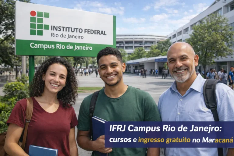 Estudantes sorrindo em frente ao IFRJ Campus Rio de Janeiro, no Maracanã, em imagem sobre cursos, ingresso e ensino gratuito.