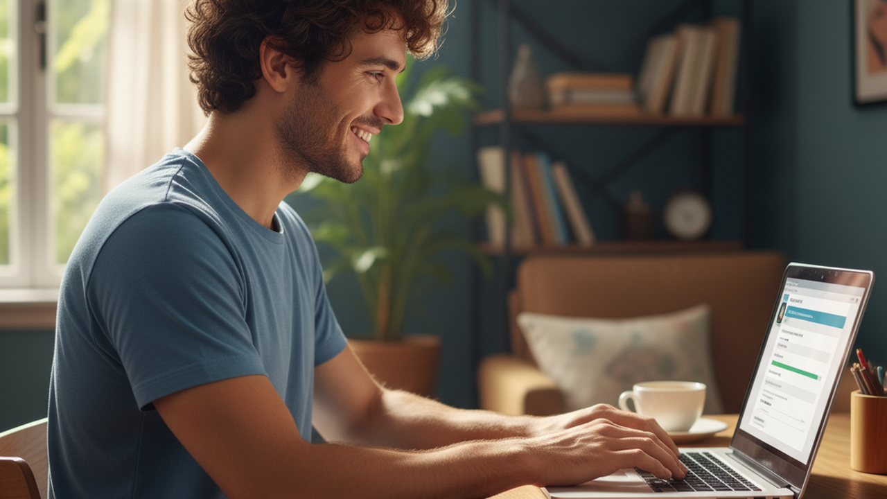 Candidato sorrindo realizando inscrição online no processo seletivo de vagas na educação em Maceió
