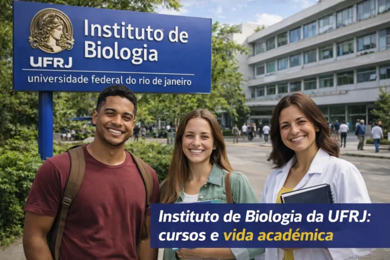 Estudantes sorrindo em frente ao Instituto de Biologia da UFRJ, em imagem sobre cursos, ingresso e rotina acadêmica.