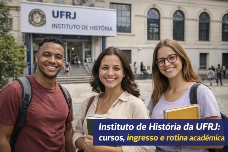 Estudantes sorrindo em frente ao Instituto de História da UFRJ, em imagem sobre cursos, ingresso e rotina acadêmica.